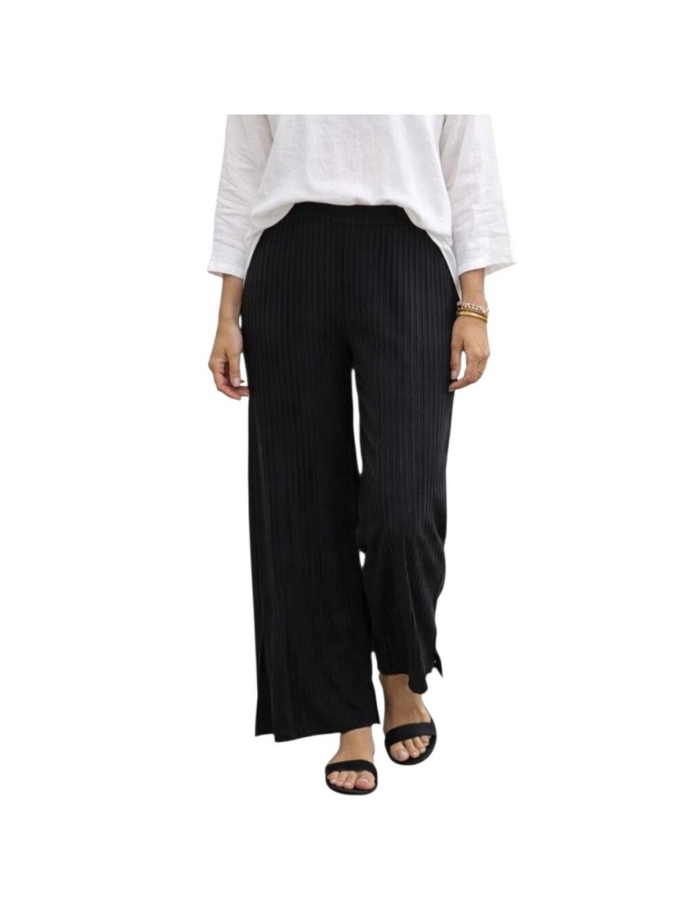 Eileen Fisher Knit Black Wide Leg Pants Split Hem Slit Pull On Pants sz 2X